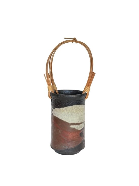 Warren Andrade Other - Warren Andrade Raku Pottery Vase 1999 Bamboo Handle Hawaii Artist 12"H w/ handle